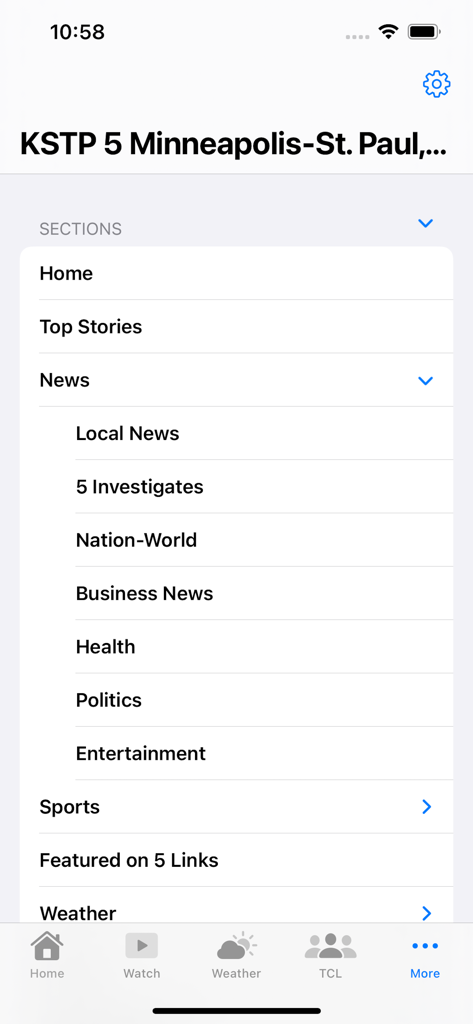 KSTP 5 Minneapolis-St. Paul MN - Screenshot of the KSTP 5 Minneapolis-St. Paul news app showing the navigation menu with news categories like local news, politics, and sports.