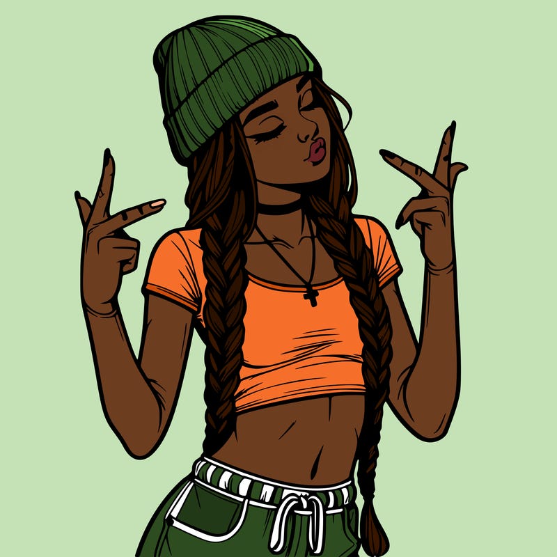 realistic teenage girl with braids and a beanie and crop top doing 🫶🏼