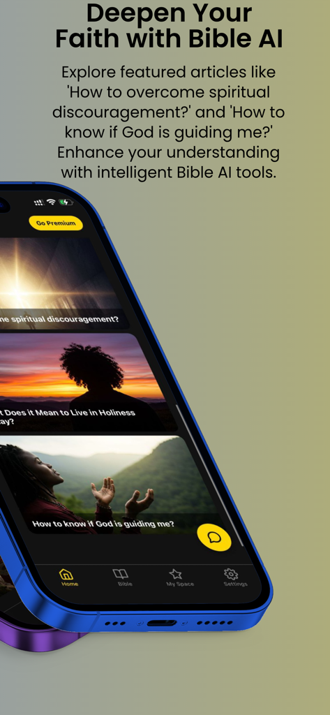 Interfaz de la aplicación BibleAI que muestra artículos espirituales sobre cómo superar el desánimo y buscar la guía de Dios