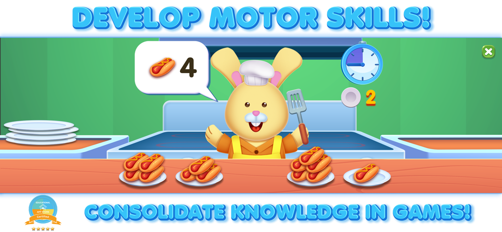A cute bunny chef character in a learning game teaching toddlers how to count hot dogs