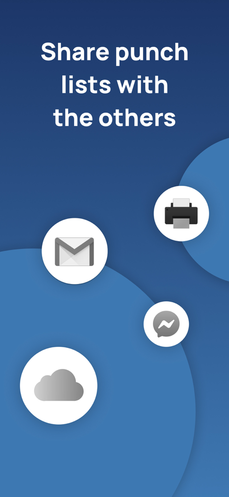 メール、プリンター、メッセージング、クラウドストレージ経由でパンチリストを共有するオプションを示すアプリ画面。