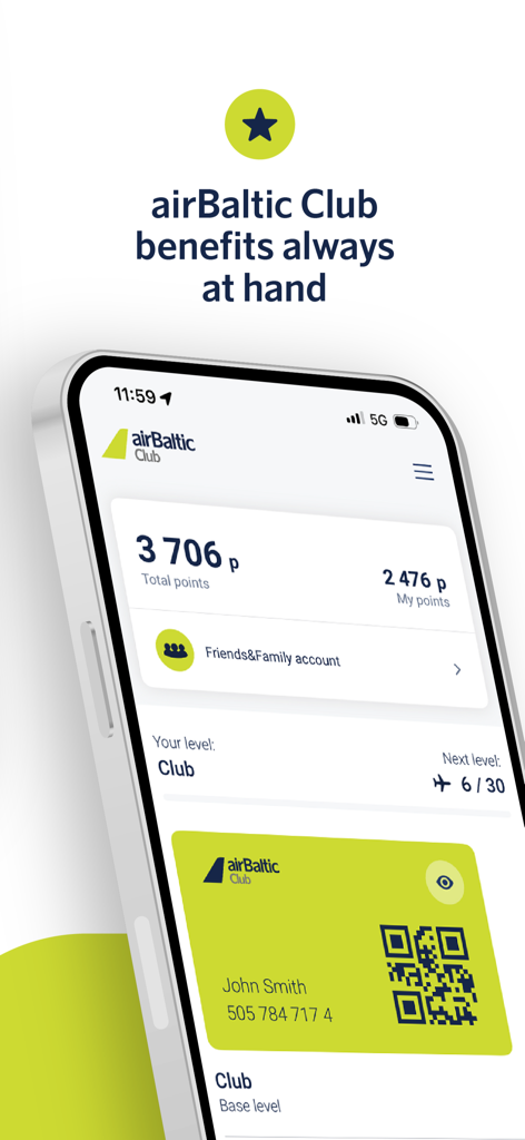 airBaltic - airBaltic Clubロイヤリティプログラムのダッシュボードを表示しているリワードポイントとデジタル会員証