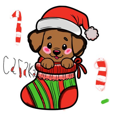 cute puppy wearing santa hat in socking