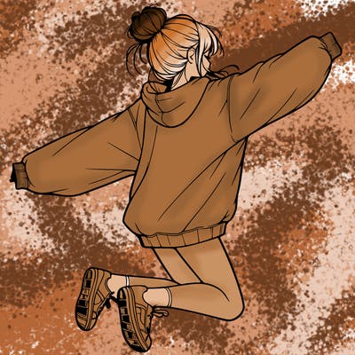 realistic girl jumping with a bun and oversized sweatshirt