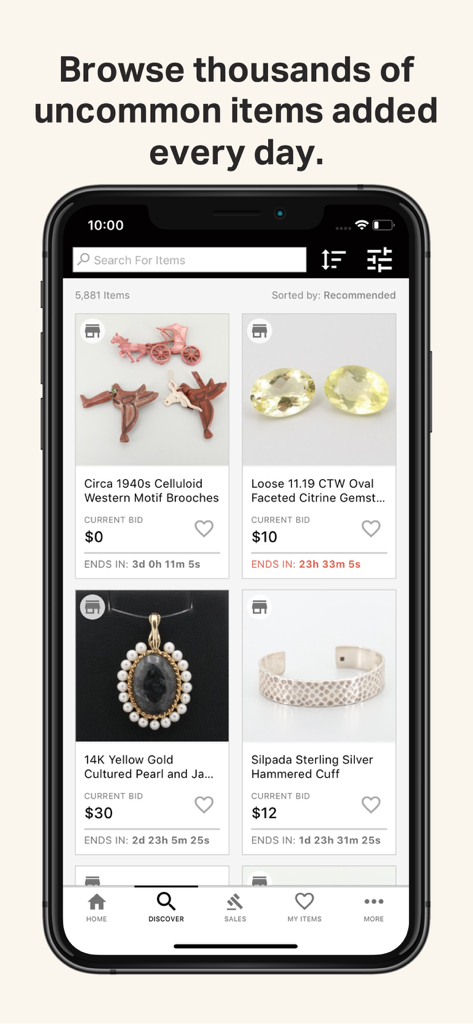 EBTH mobile app interface displaying a curated list of vintage jewelry and collectibles for auction.