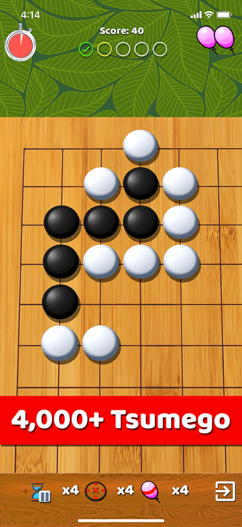 BadukPop Go - Mobile gameplay of BadukPop Go showing a tsumego puzzle challenge on a wooden board