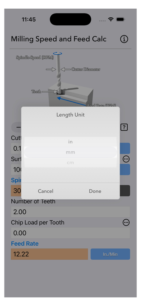 Milling Speed and Feed Calc - A mobile app screen showing a unit selection menu for millimeters and inches in a machining calculator