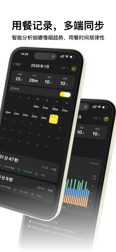 慢吞吞 - A mobile app interface showing meal duration logs a habit tracking calendar and chewing trend analytics