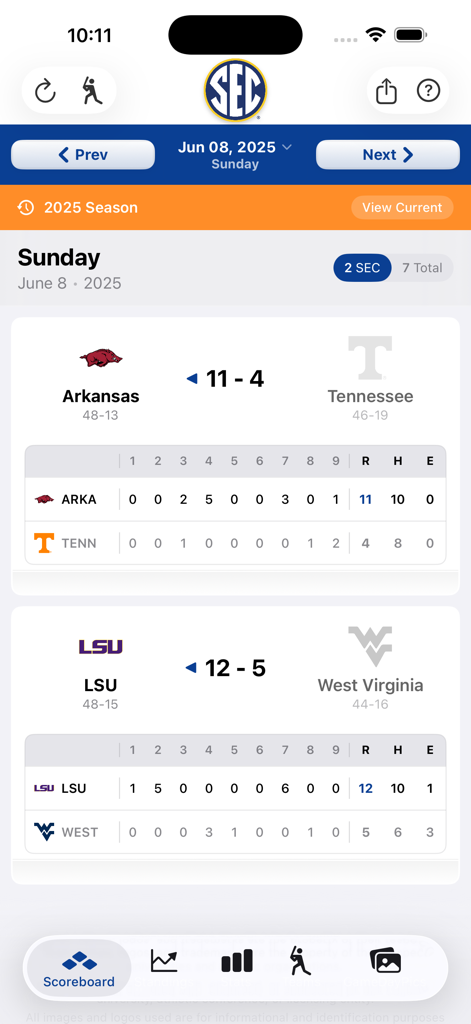 SEC Baseball - SEC Baseball app interface showing live scores and game results for Arkansas and LSU