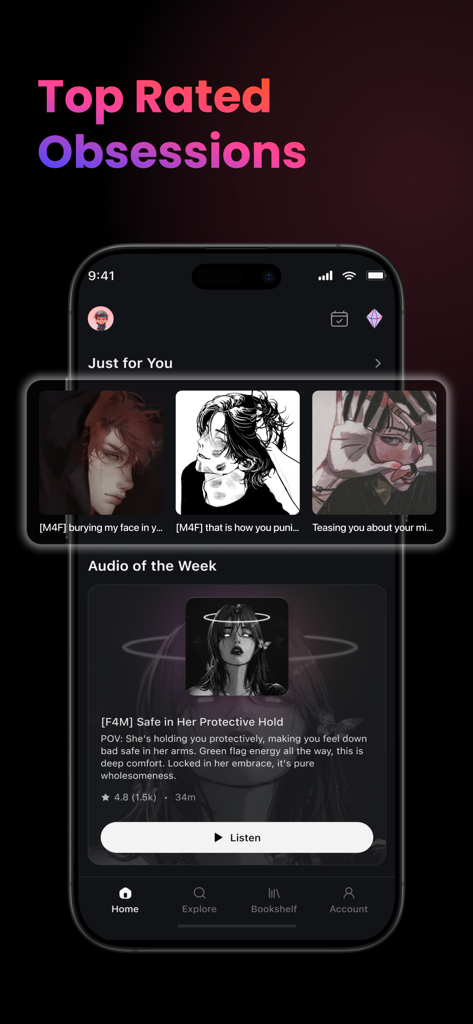 LucidFM app home screen showcasing top rated romantic audio stories and character illustrations