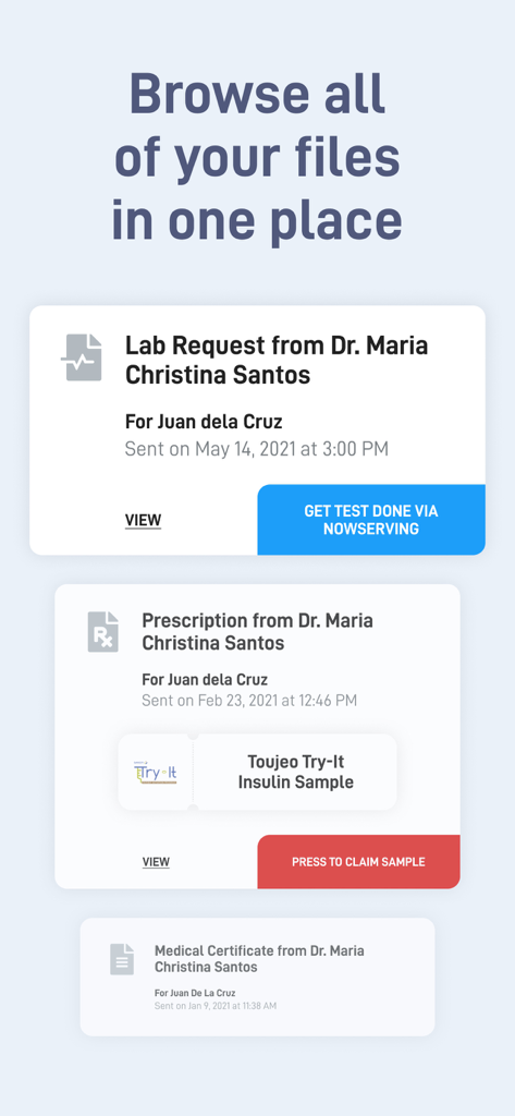 NowServing by SeriousMD - NowServing app screen displaying centralized medical files like lab requests and digital prescriptions