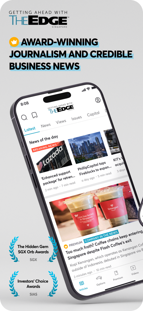 The Edge Singapore app displayed on a smartphone featuring business news articles and award winning journalism headlines.
