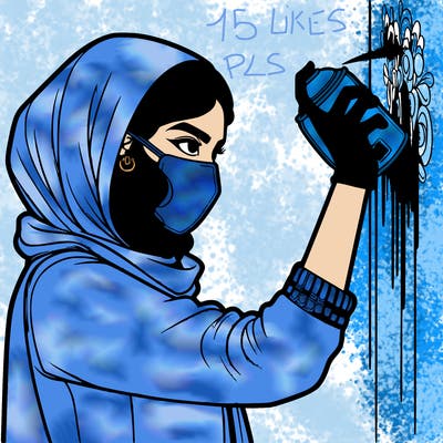 realistic girl with mask spray painting a wall