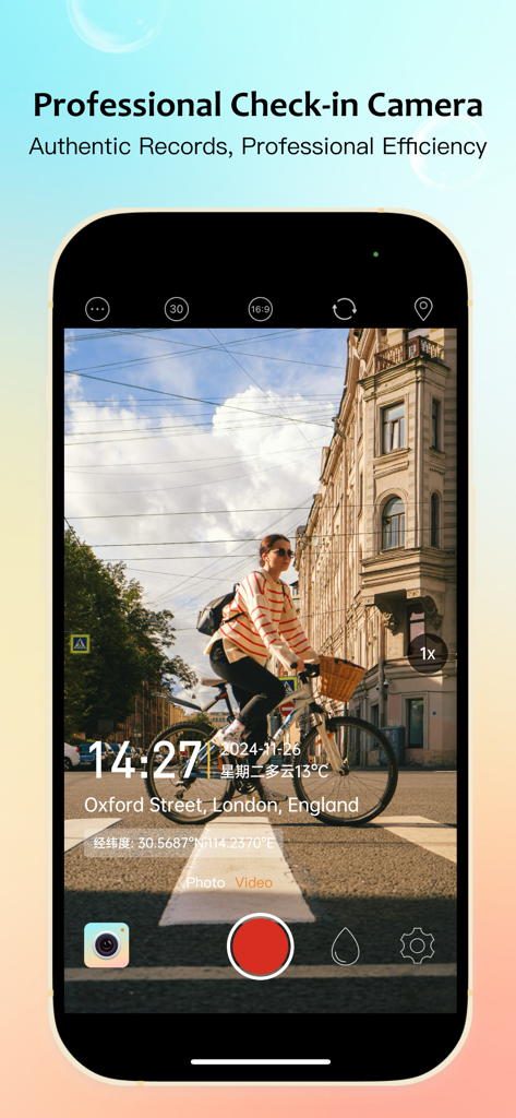 TimeCamera-TimeStamp To Photo - Interface of TimeCamera app showing a photo of a woman on a bicycle with timestamp, location, and GPS coordinate overlays