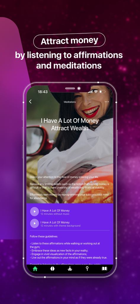 Mind Power: Guided Meditations - Interfaz de la aplicación Mind Power que presenta una meditación guiada para atraer riqueza y abundancia financiera a través de afirmaciones