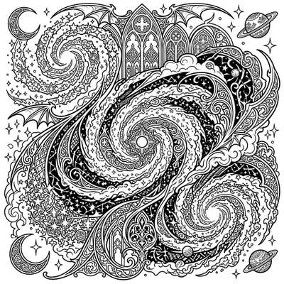 Explore the stunning fusion of cosmic wonder and dark elegance with this intricate Gothic Starburst Galaxies coloring page. Dive into a universe of swirling patterns, celestial bodies, and ornate architectural details waiting for your creative touch.