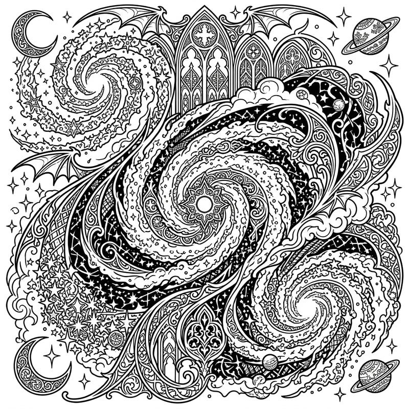Explore the stunning fusion of cosmic wonder and dark elegance with this intricate Gothic Starburst Galaxies coloring page. Dive into a universe of swirling patterns, celestial bodies, and ornate architectural details waiting for your creative touch.