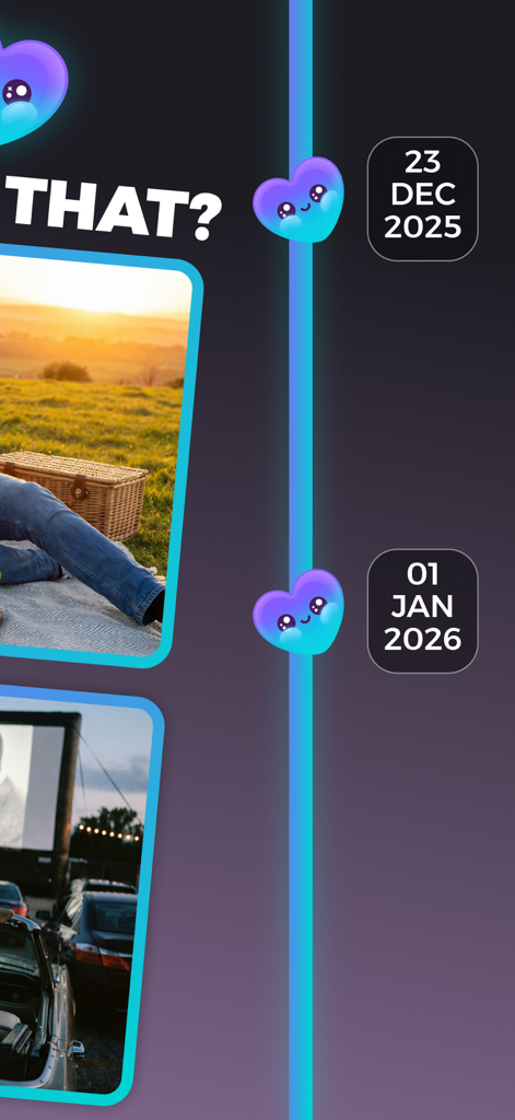 Une chronologie verticale dans l'application Lovio affichant des photos d'un pique-nique et d'une soirée cinéma avec les dates correspondantes dans un carnet de souvenirs.