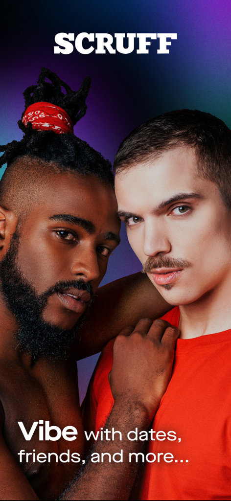 Promotional image for SCRUFF gay dating app featuring two men