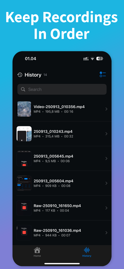 The history section of the Screen Recording app showing organized video files with file sizes and durations.