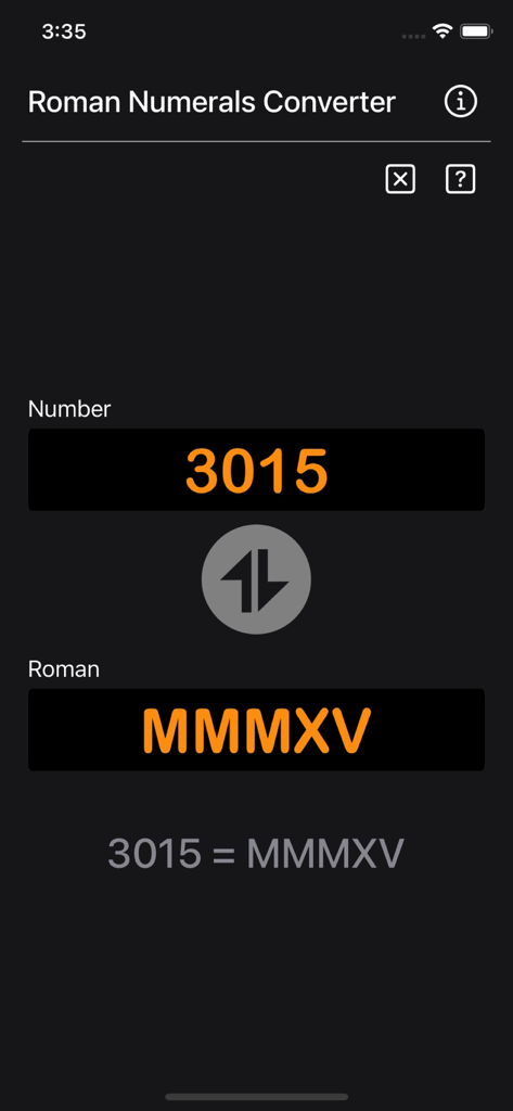 Roman Numerals Converter Plus app interface showing the conversion of number 3015 to Roman numeral MMMXV