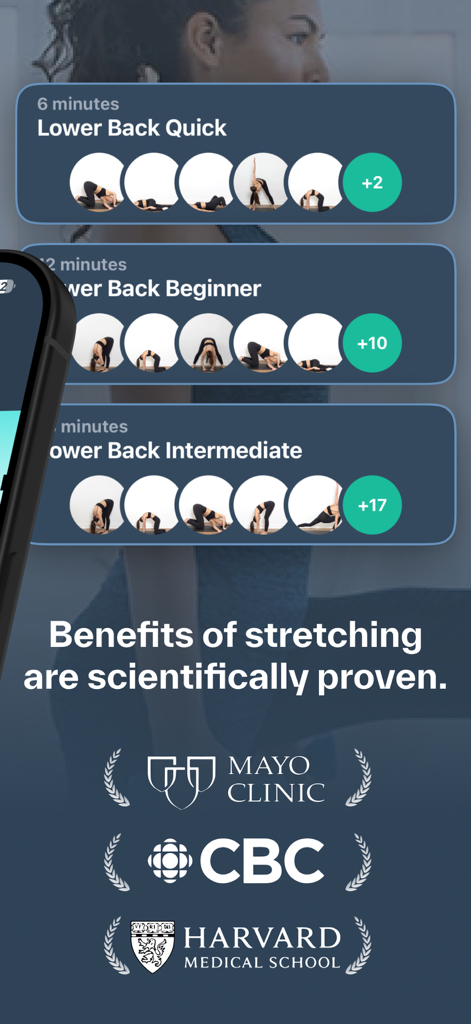Stretching, Flexibility: Flex - Interface de l'application Flex montrant des routines d'étirement du bas du dos et des approbations médicales de Harvard et de la Mayo Clinic