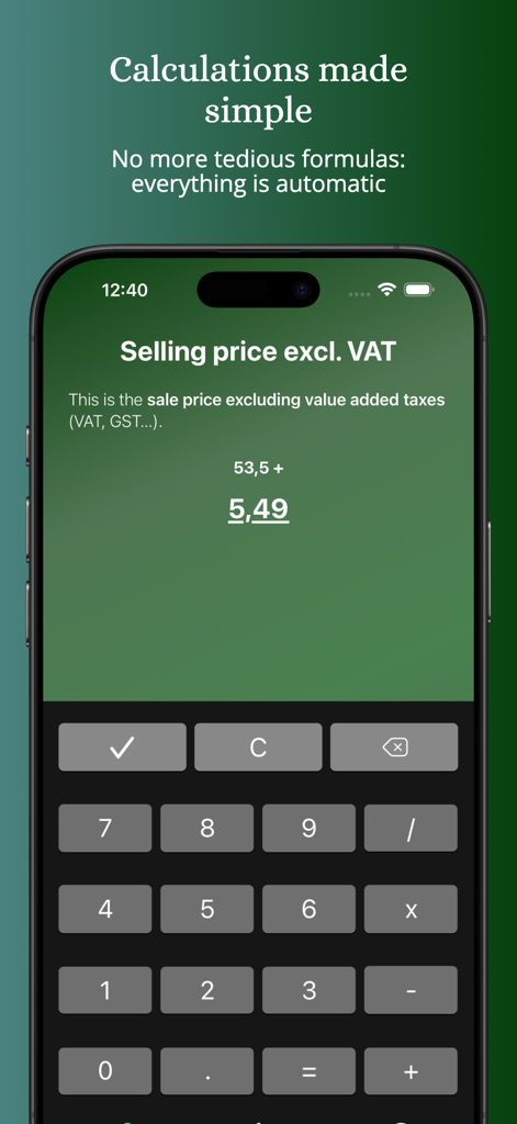ProCalc.app: Margin, BreakEven - ProCalc app interface showing a selling price calculation excluding VAT with a numeric keypad