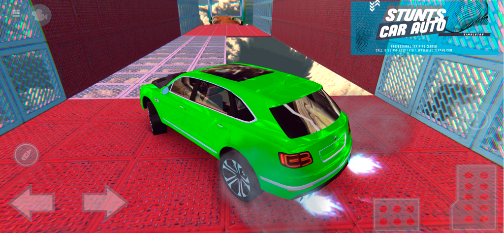 Car Crash City Tourism - A bright green SUV with blue nitro flames driving on a red high-sky stunt track