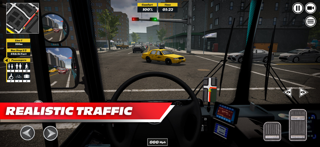 First person bus driver view of realistic city traffic and a yellow taxi in New York