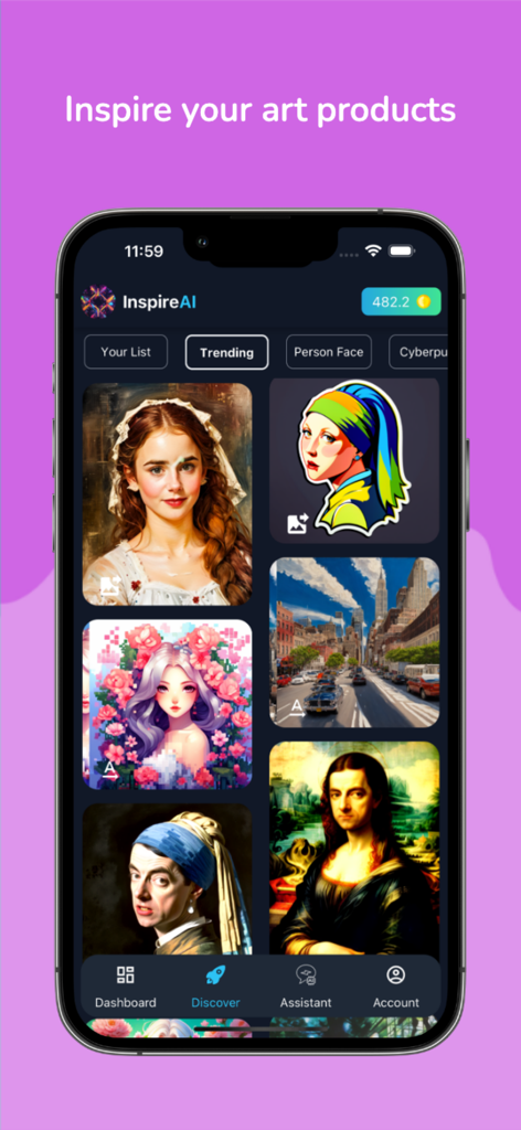 Video AI - Inspire.AI - Inspire AI app Discover screen showing trending AI generated art styles and portraits
