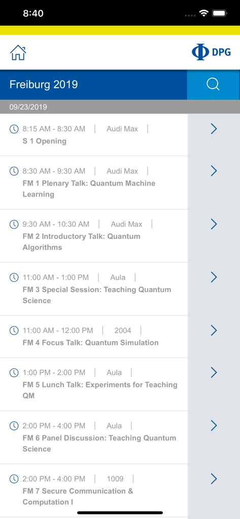 DPG Spring Meetings - DPG 봄 학회 과학 프로그램의 모바일 보기로, 시간과 장소가 포함된 전체 강연 및 세션 목록을 보여줍니다.