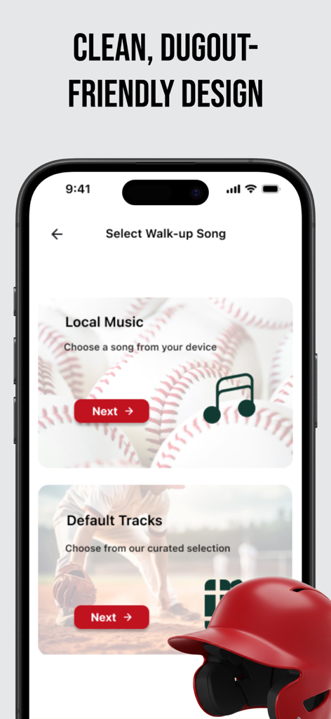 Baseball Walk-Up Songs - A clean dugout-friendly interface for selecting local music or default tracks in the Baseball Walk-Up Songs app
