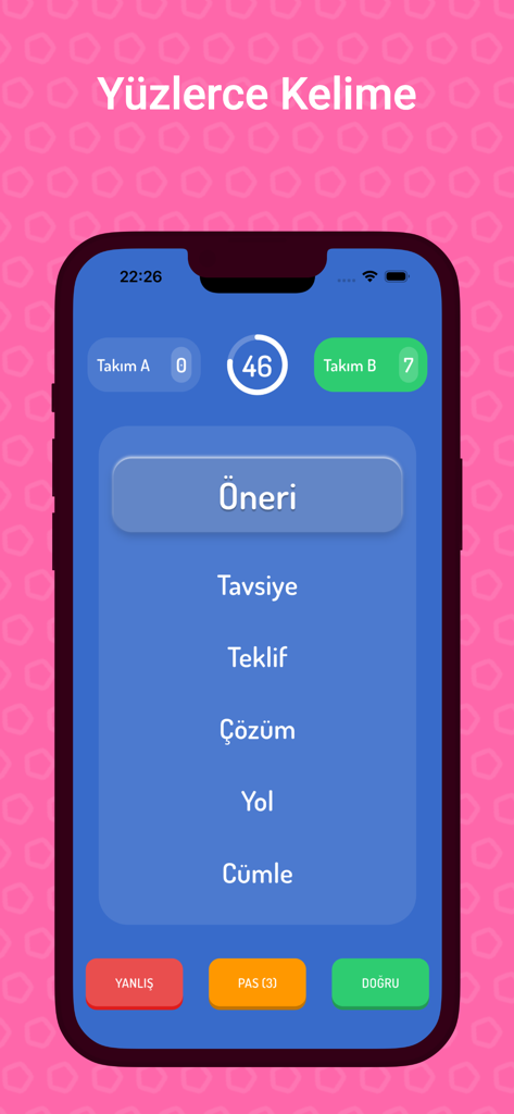 Anlat Bakalım - Tabu Kelime - Interfaz móvil del juego de palabras de tabú turco Anlat Bakalim que muestra palabras para describir y términos prohibidos.