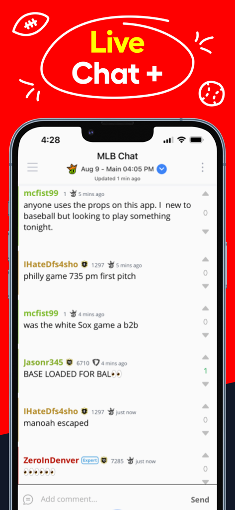 A mobile smartphone screen showing the LineStar DFS live community chat for MLB player props and baseball game discussions.