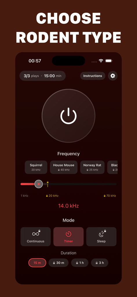 Rodent Repellent - Rodent Repellent app interface showing ultrasonic frequency settings for different rodents like squirrels and mice