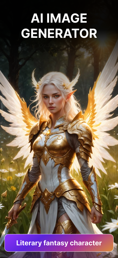 AI image generator - Maker - AI-generated image of a female elf character with golden wings and armor