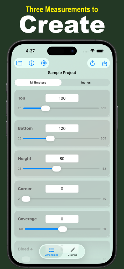 Tapered Labels - Mobile app interface showing input fields for top bottom and height dimensions to create tapered labels.