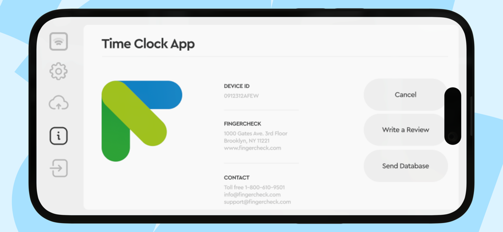 Fingercheck Time Clock - Pantalla de información de la aplicación Fingercheck Time Clock que muestra los detalles de contacto y la ID del dispositivo en un iPhone.