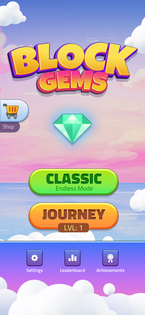 Block Puzzle - Gems Adventure - Pantalla del menú principal del juego móvil Block Gems con modos clásico y de viaje