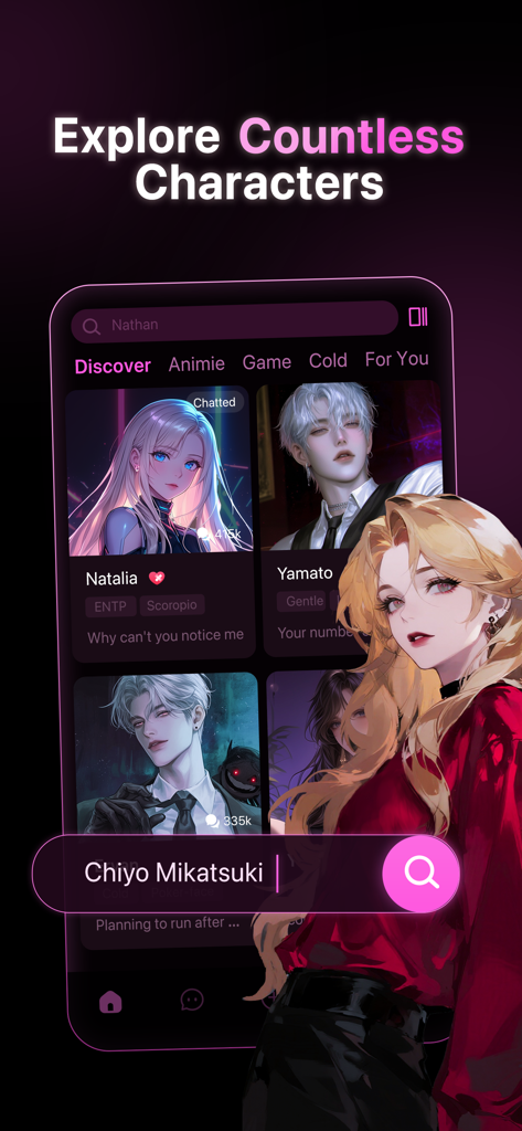 PolyBuzz app interface showing a discovery page with various anime characters and a search bar