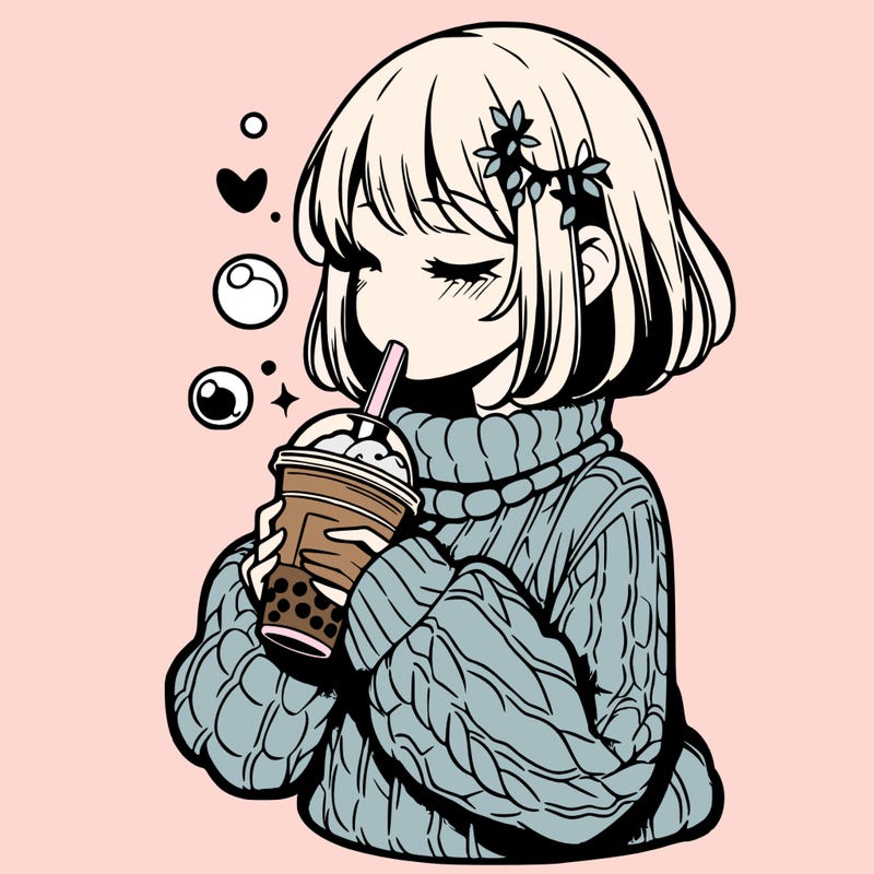 manga girl drinking boba in cozy sweater