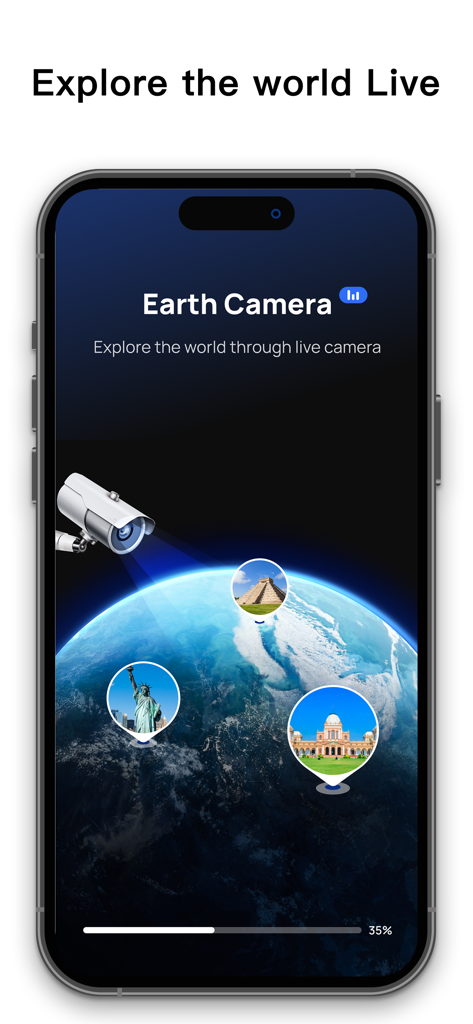 The Live Earth Camera app splash screen showing a 3D globe with landmark pins for world exploration