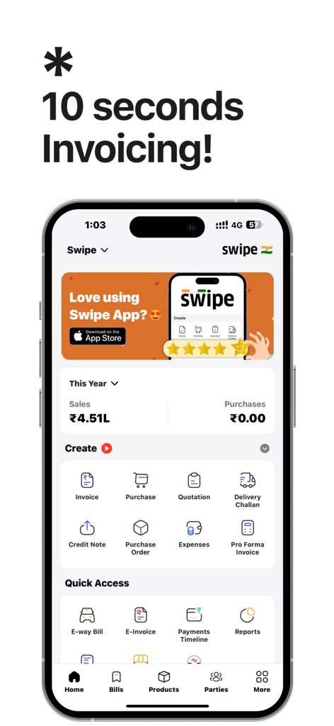Swipe - Invoicing and Payments - Panel de la aplicación Swipe que muestra herramientas para facturación, gestión de gastos y seguimiento de ventas en un dispositivo móvil.