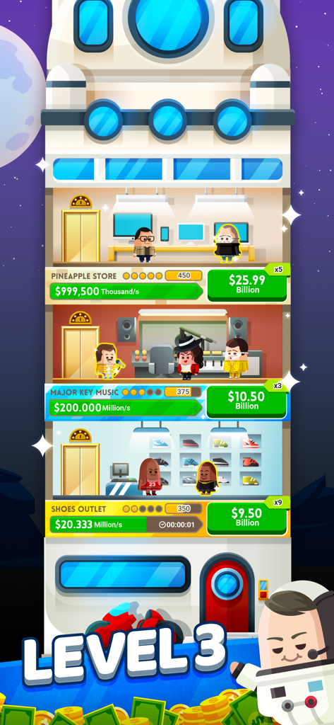 A multi-level business tower in Cash Inc Fame and Fortune Game showing level 3 with various floors for stores and music studios