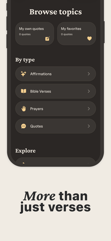 Bible Verse Widget & Prayer - Uma interface móvel para o aplicativo Widget de Versículos Bíblicos mostrando categorias de conteúdo como afirmações, orações e versículos bíblicos