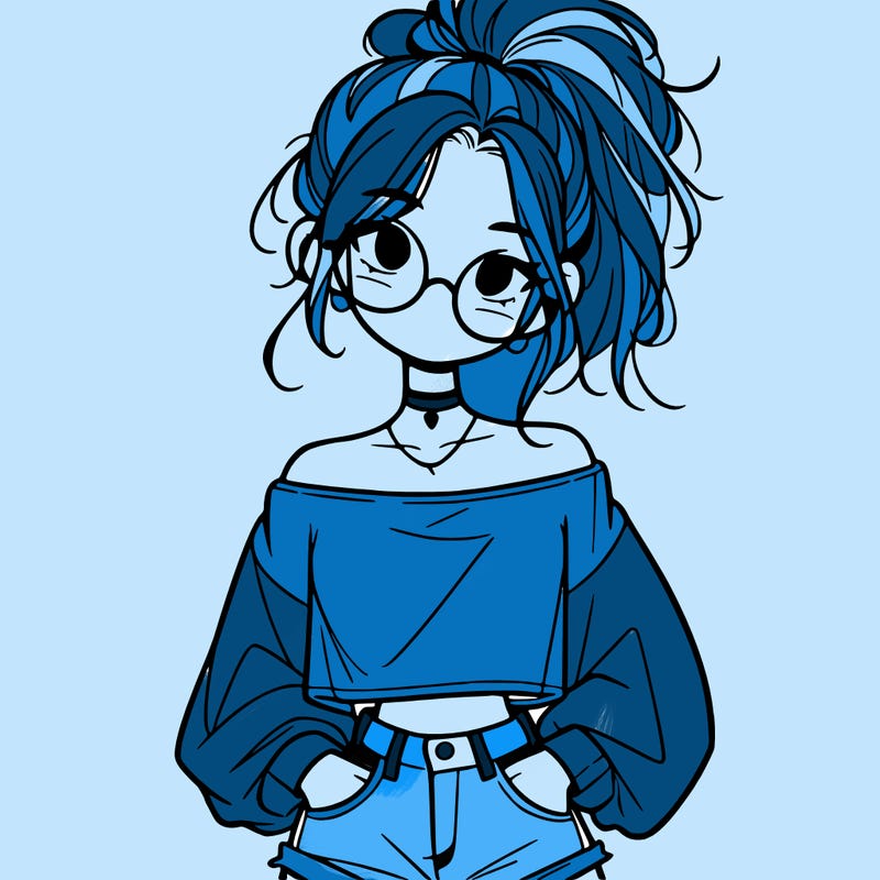 girl with a messy ponytail glasses a baggy crop top and jean shorts