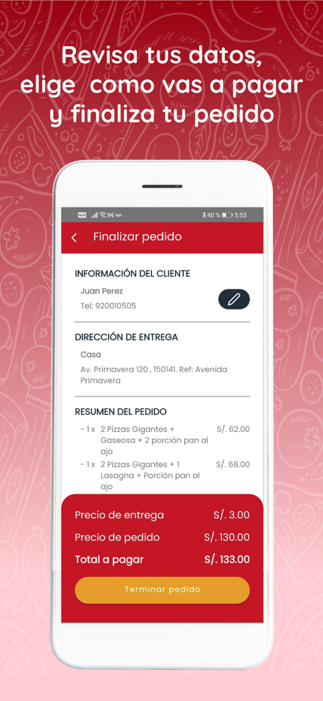 Pizza Raul - Checkout screen of the Pizza Raul app showing customer information, delivery address, and order summary with totals in Spanish.