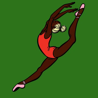 gymnast doing a leap in a leotard with a bent back leg