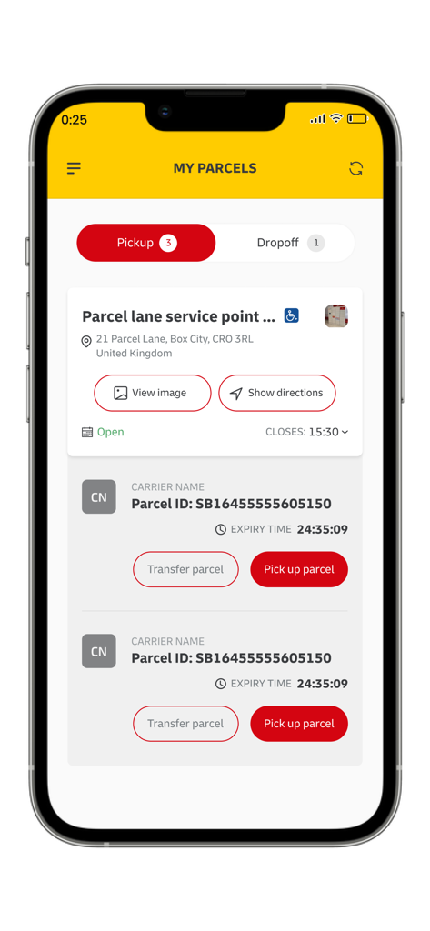 Screenshot of the DHL Express Lockers app My Parcels screen showing parcel pickup details and locker location info