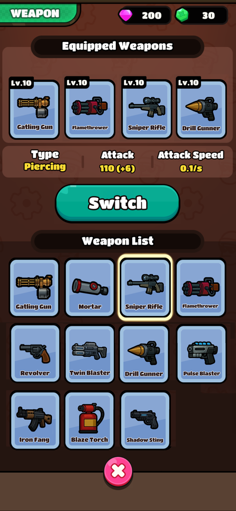Weapon inventory screen in Gear Truck showing equipped weapons like Gatling Gun and Sniper Rifle with a list of available gears